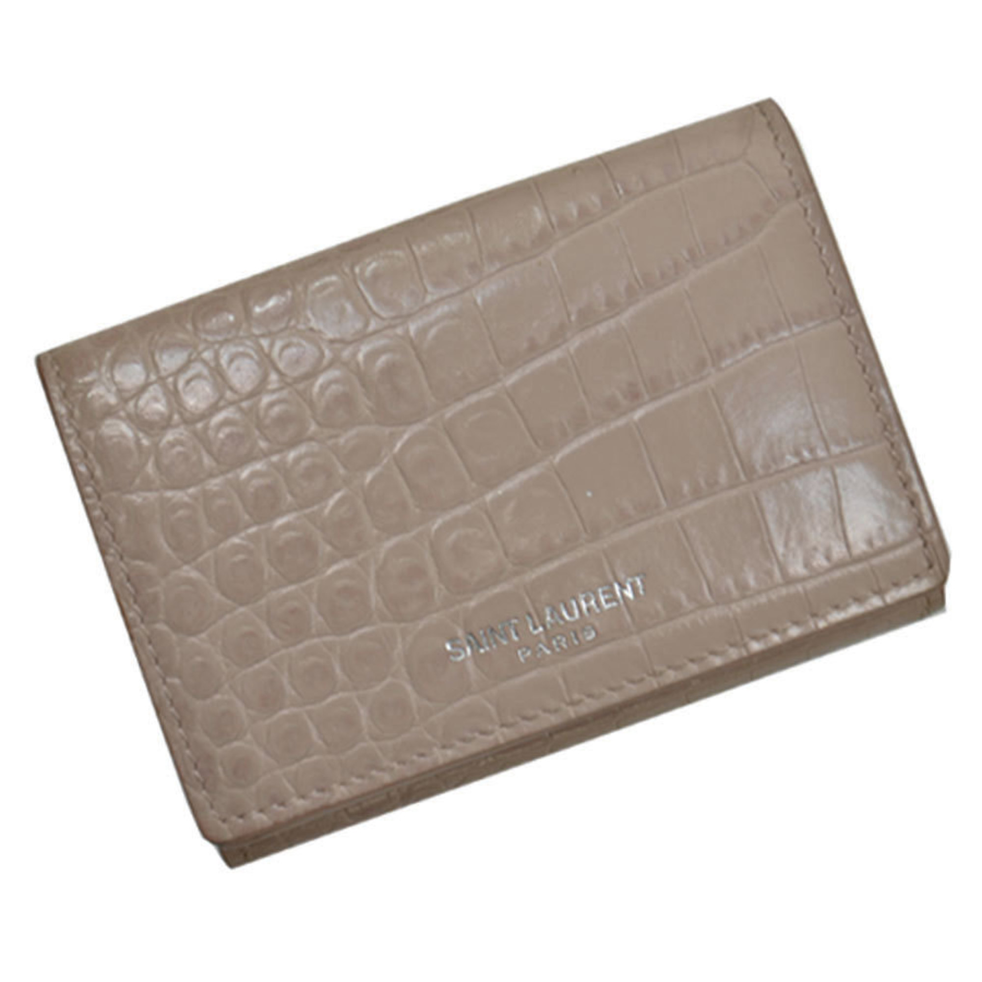 Saint Laurent Wallet Pink Beige Embossed Leather Tri-Fold Ladies